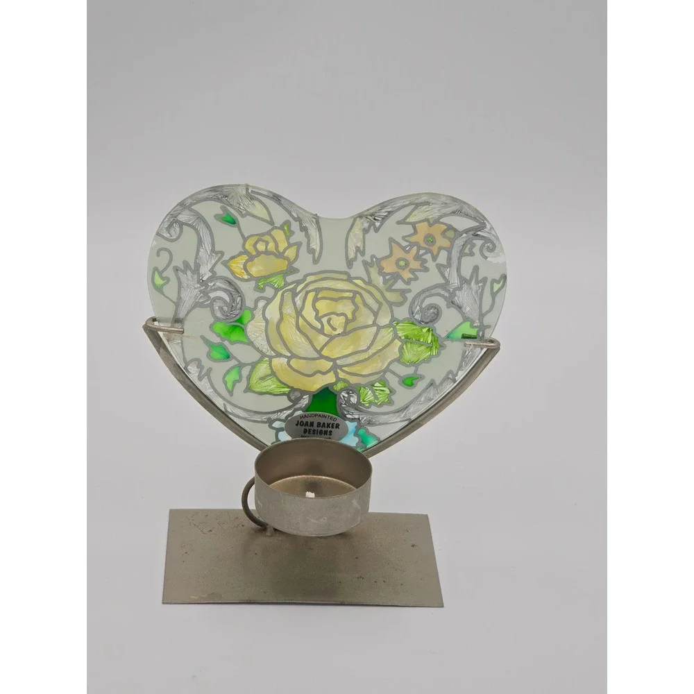 Joan Baker Designs French Bouquet Handpainted Glass Heart Tea Light Holder